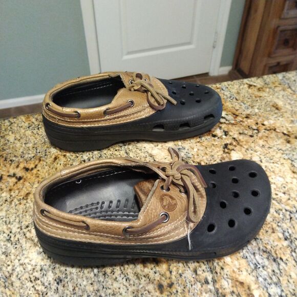 Crocs Islander Sport Pitcrew Black Brown Leather Sandals Lace up Size M6/W8 - Picture 3 of 12